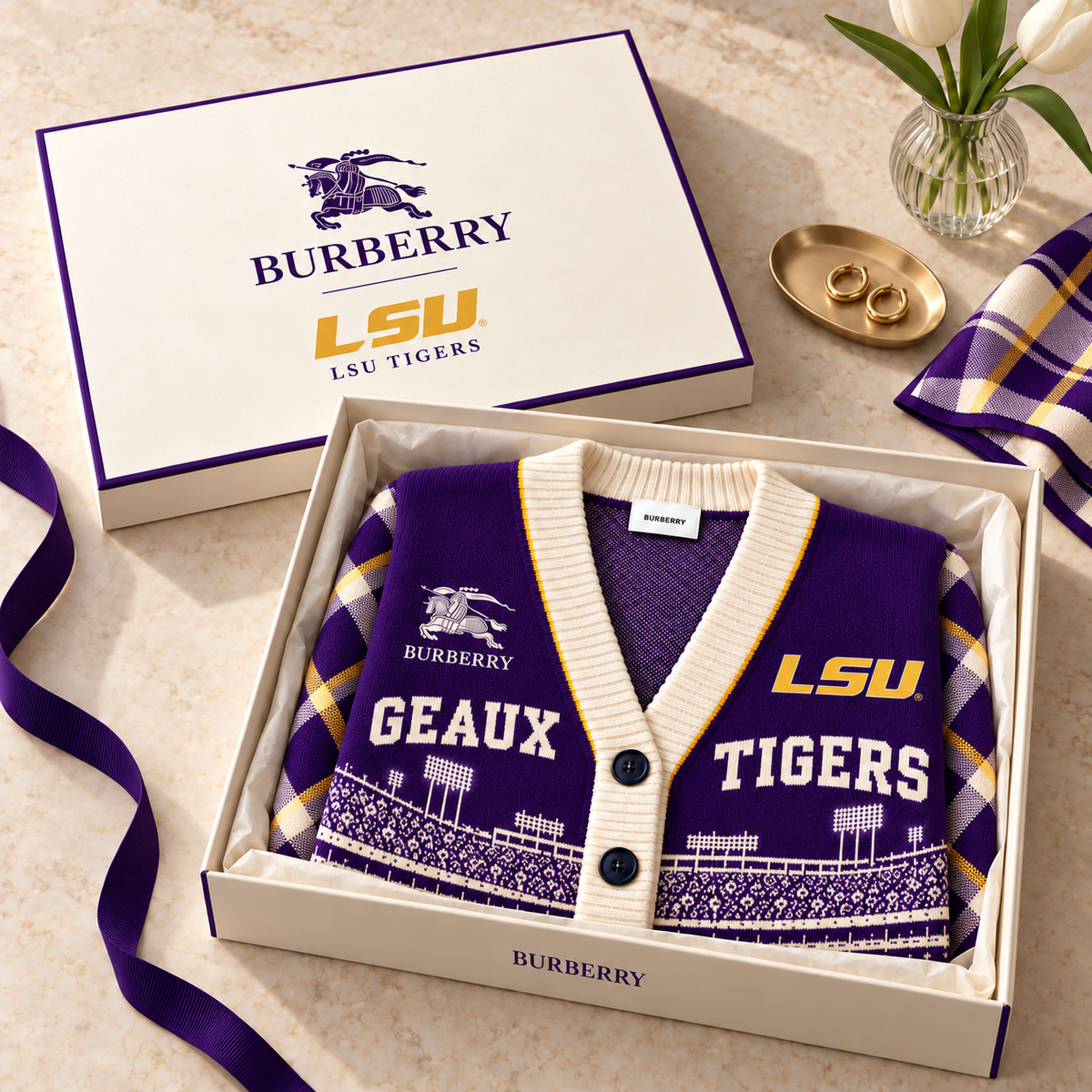 LSU Check Wool Blend Cardigan DNBN