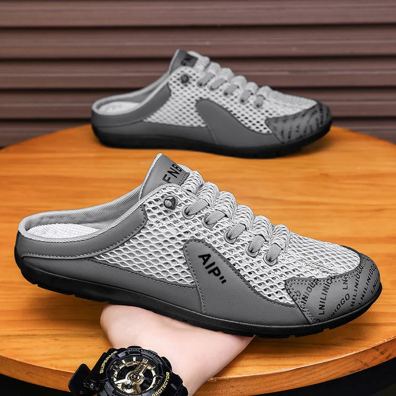 Men's Summer Breathable Mesh Slip-On Outdoor Casual Shoes Soft Bottom Fashionable Half Slippers round Toe Flat Heel EVA Outsole
