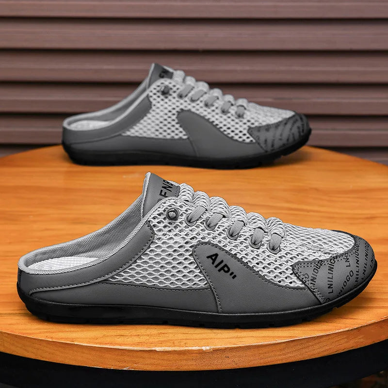Men's Summer Breathable Mesh Slip-On Outdoor Casual Shoes Soft Bottom Fashionable Half Slippers round Toe Flat Heel EVA Outsole