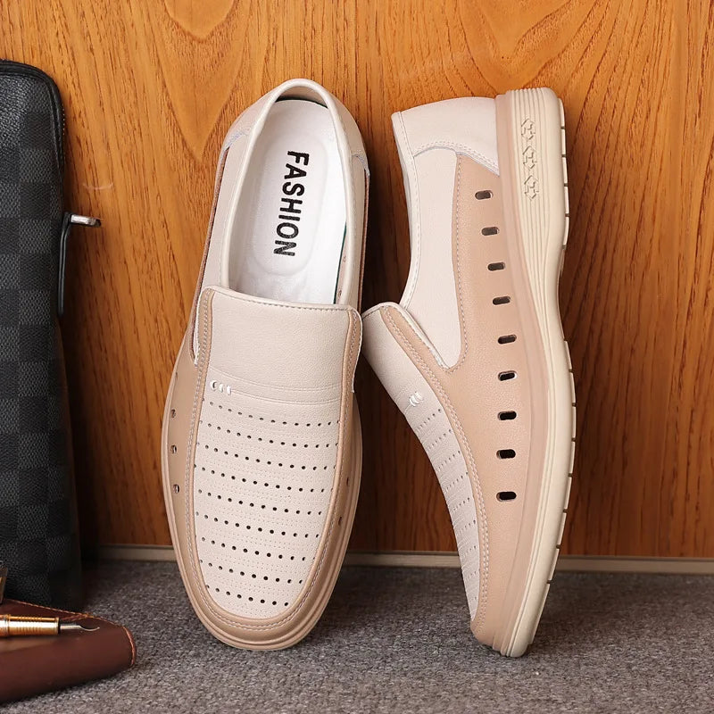 2026 New Designer Business Casual Shoes For Men Breathable Hallow Leather Shoes Male Spring Summer Beige Fashion Shoe Man