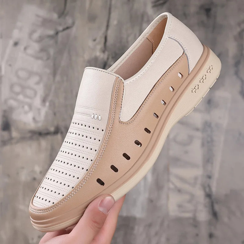 2026 New Designer Business Casual Shoes For Men Breathable Hallow Leather Shoes Male Spring Summer Beige Fashion Shoe Man